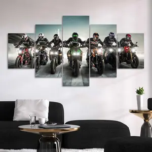 Motorcycle Team Speeding Along Pattern Canvas Painting, 5 Counts/set Modern Art Poster, Wall Art Decor for Home Living Room Bedroom Office, Ornaments