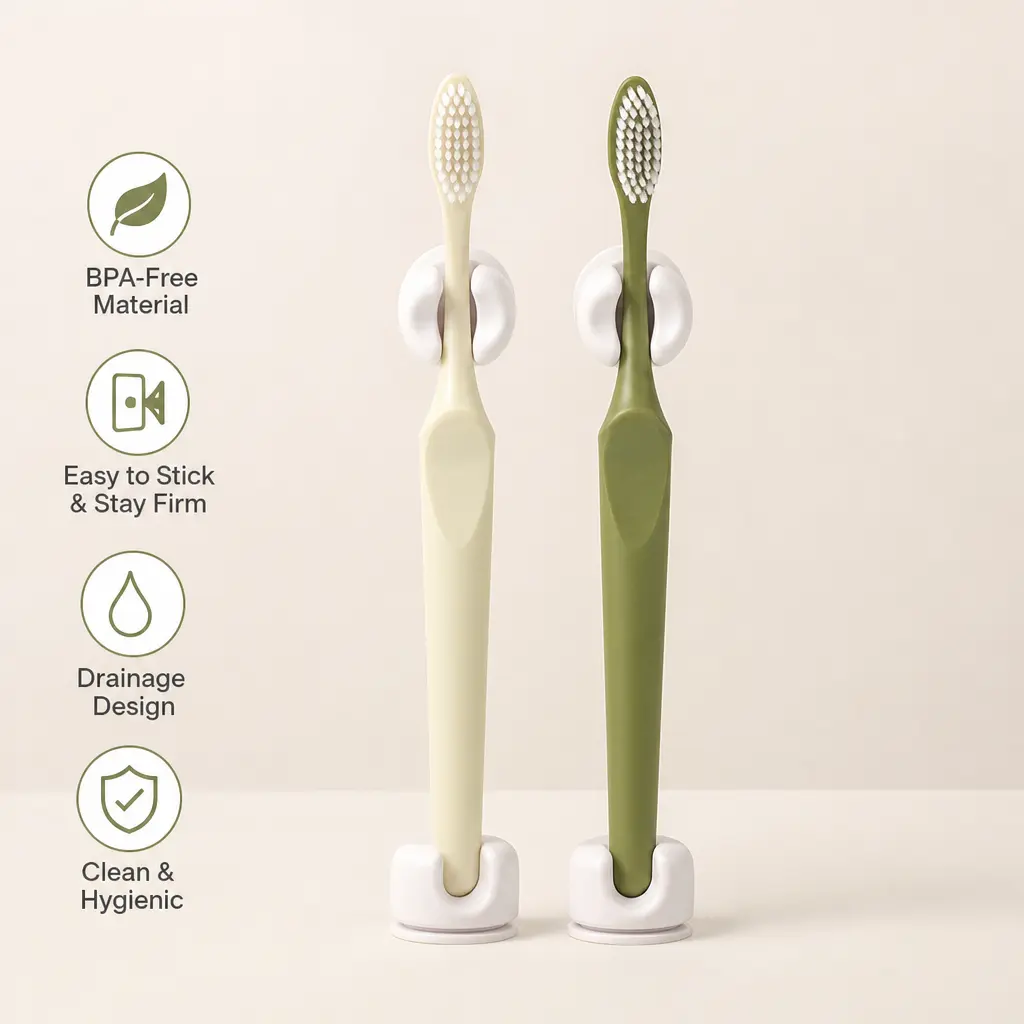 White Plastic Wall-Mount Toothbrush Holder Set (2 Counts) - Self-Adhesive Tape, Easy to Stick & Stay Firm, Flexible Opening Slot, Morandi Tone, Keeps Brush Heads Upright, Clean & Hygienic, Households’ Hygienic Daily Use Bathroom Storage Organizer