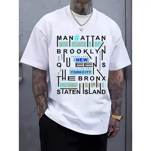 Men's New York Borough Graphic Print T-Shirt - Regular Fit Short Sleeve Casual Tee With Bold # Manhattan Brooklyn Queens Bronx NYC Streetwear Design, 95% Polyester 5% Elastane Blend, L