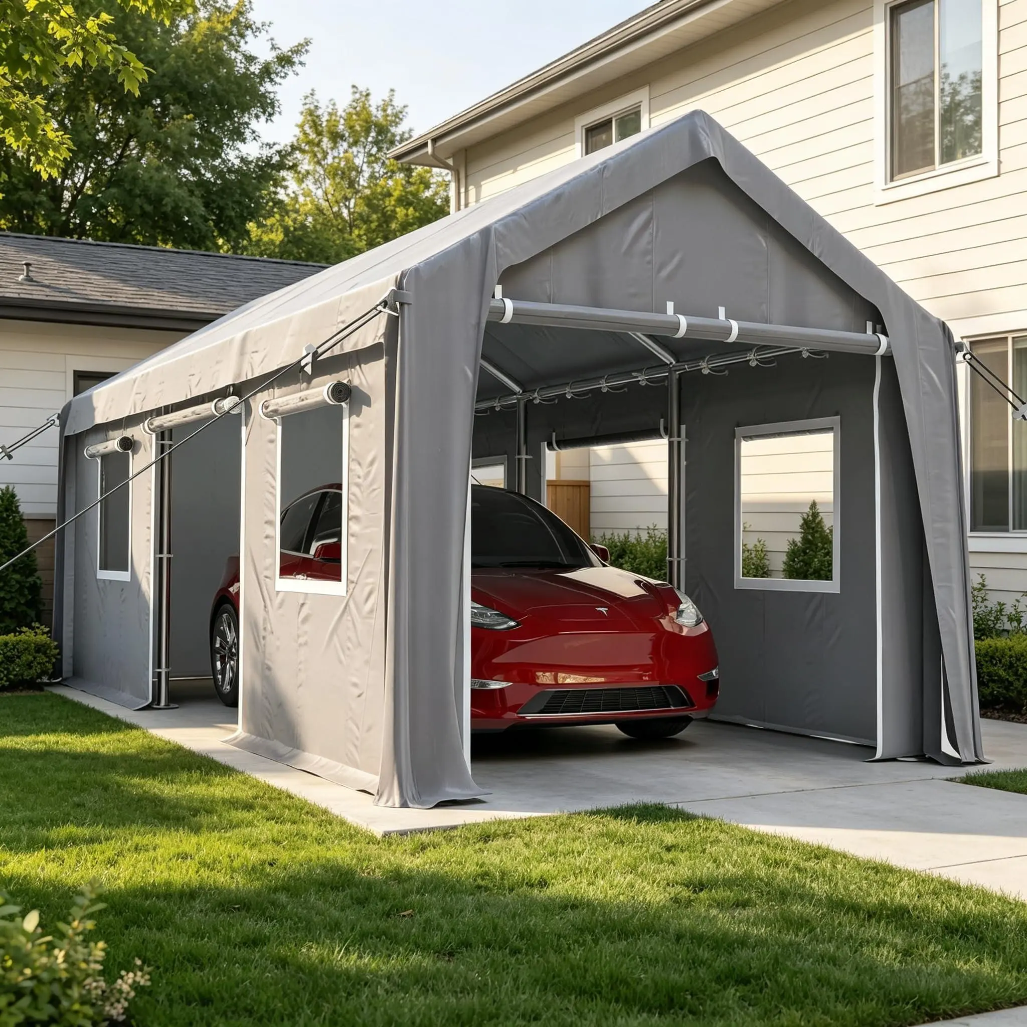10x20FT Carport Door Curtain Waterproof Replacement Sidewall, 160G PE Waterproof UV-Resistant Roll-Up Design Ball Bungees Included Fits Most Carport Frames