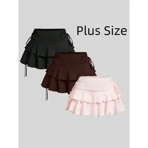 Plus Size Solid Color Ruffle Skirt, Casual Short Skirt for Daily Outdoor Wear, Women’s Clothing (Spring/Autumn), GARMENTARY