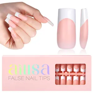 Aillsa Medium Square French Tip Press on Nails - Classic Full Cover Soft Gel Nail Tips Natural False Nails Easy to Wear Soak Off Acrylic Fake Nails Extensions Reusable & Comfortable Fit DIY Nail Art at home press-on nail set french style press nail