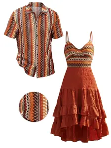 DRESSLILY 2026 Bohemian Couple Outfit Women's Zig Zag Ethnic Print Layered Dress and Men's Short Sleeve Button Up Shirt Matching Set