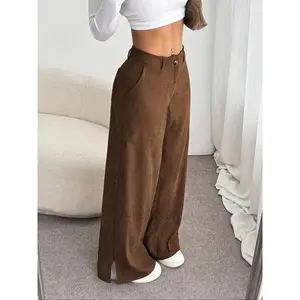 Women's Elegant Fashion Corduroy Pants, Fall Winter New Style Straight Leg Split Hem Long Trousers, Casual Wear for Women, Casual Chic Trousers