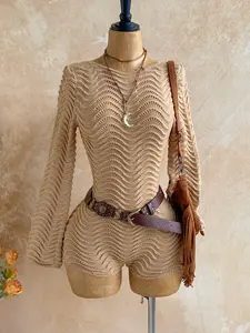 Women's Bohemian Backless Knitted Jumpsuit - Fashion Long Flare Sleeves, Wide Leg Romper, Lady's Festival & Vacation Beach Outfit with Knitted Fabric