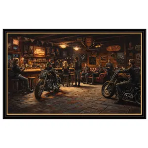 Vintage Biker Bar Poster, Classic Motorcycle Club Night Scene Painting Wall Art, Rustic Man Cave or Garage Decor, Perfect Birthday, Father’s Day, Anniversary Gift for Motorcycle Lovers