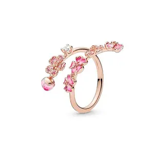 LITTLE ROOM~Rose golden peach blossom set with continuous bead opening style couple's ring matching ring for women