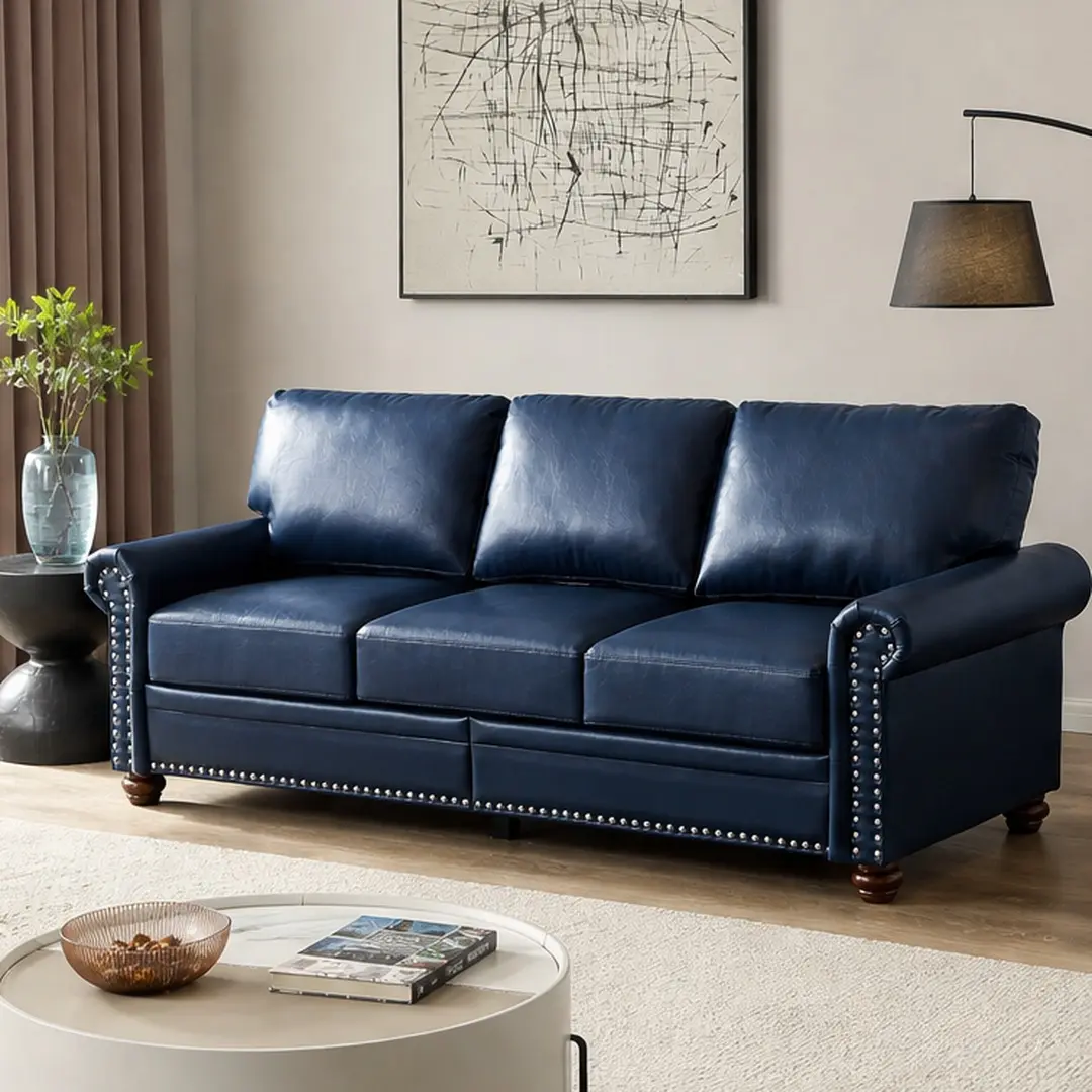 Sturdy 3-Seat PU Leather Living Room Comfy Couch - Navy Blue with Silver Nailhead Trim, Solid Wood-Metal Frame, High Elastic Polyurethane Foam Cushions, Storage Boxes, Easy Assembly, Over 900lbs Capacity, 31.89in W x 82.68in D x 34.50in H