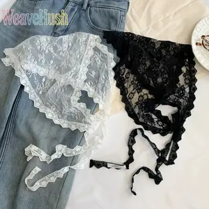 Beige Lace Triangle Silk Scarf, multi-purpose dress waist accessory for women, can be used as headscarf, neck scarf or waist tie strap, elegant lace design matches skirts and daily outfits, stylish versatile fashion decoration.