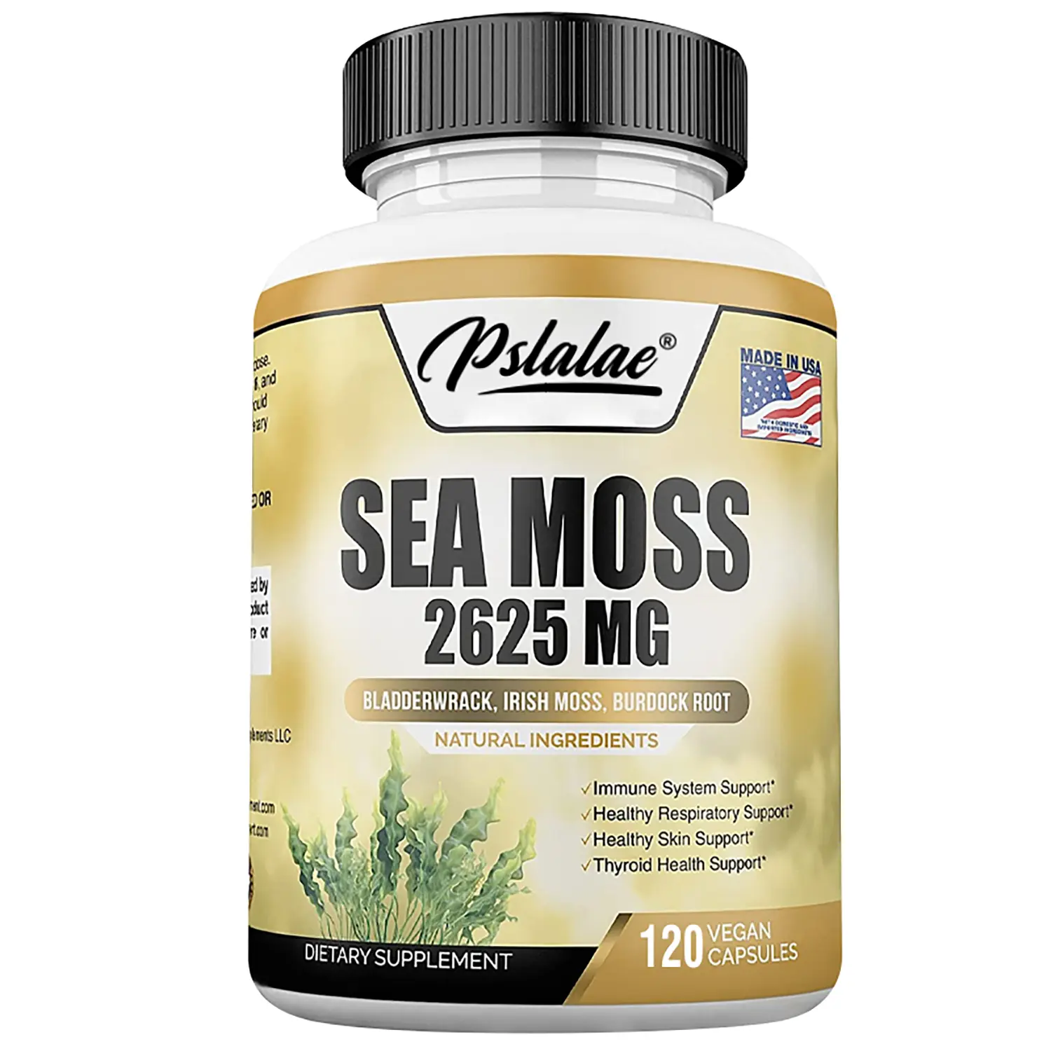 Organic Sea Moss 2625mg Dietary Vitamin Supplement Capsules with Bladderwrack, Burdock Root - Vegan Thyroid Supplement, Gluten-Free, Non-GMO - 30/60/120 Capsules