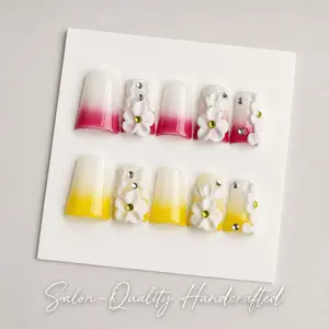 Press on Nails, Short Duck Bill Nails, 2 Inches, Glossy White Magenta Yellow Ombre, 3D White Flower Gem Rhinestone, 10pcs Handmade Fake Nails for Women, S/M/L Sizes