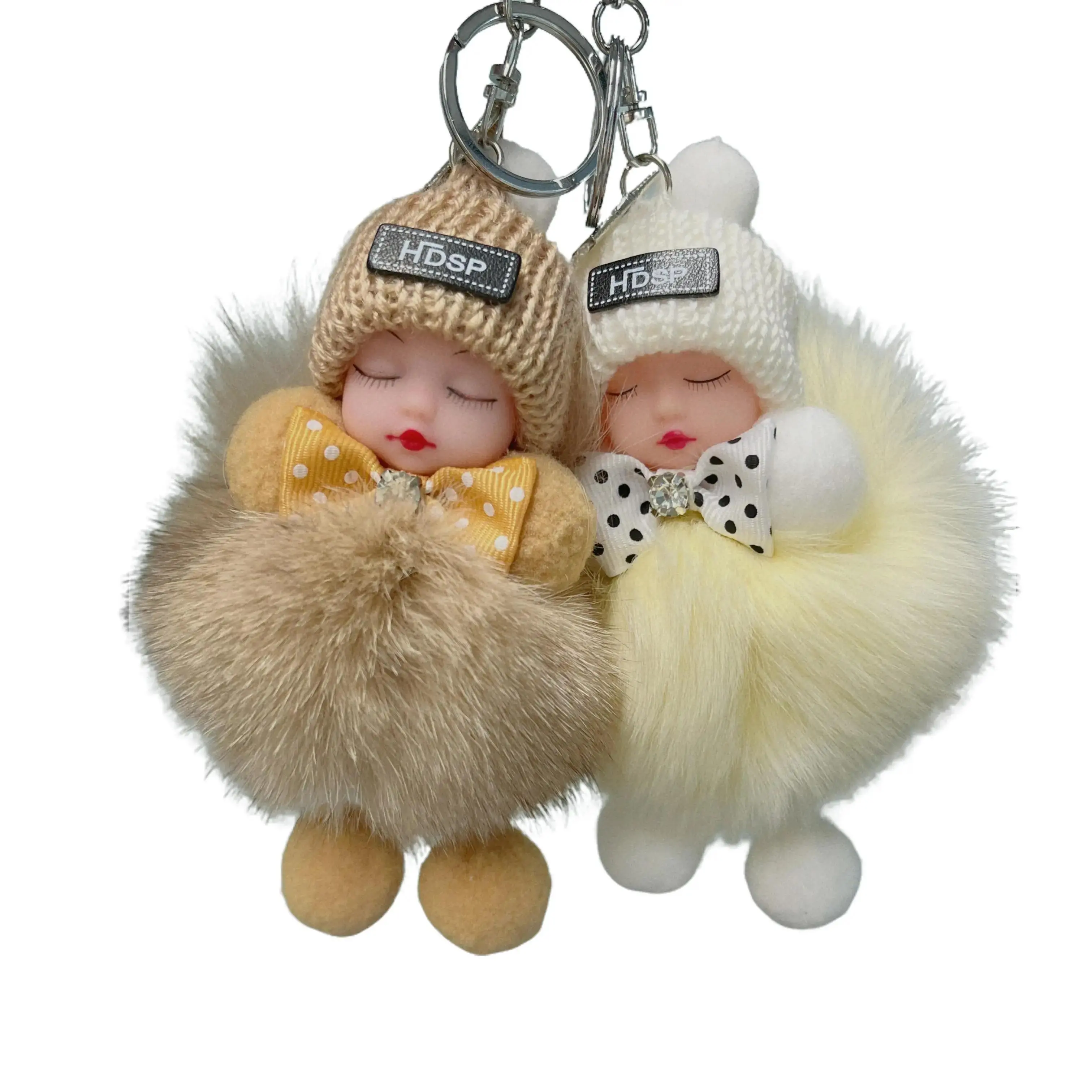 Handmade Plush Keychains 2-Pack, Cute Kawaii Cartoon PomPom Charms for Women, Casual Oval Bag Pendants with Knit Hats, Birthday Gift Set (Creamy White & Golden Yellow), Kawaii Accessories, Bowties
