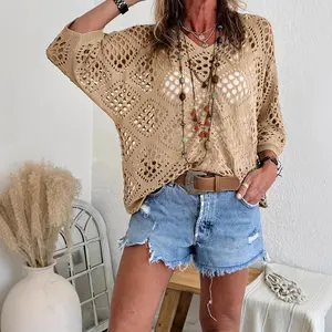 Women's Boho Chic Crochet V-Neck Sweater - Lightweight, Batwing Sleeve, Solid Green, Breathable Polyester, Comfortable Knitting for Summer Wear
