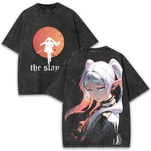 The Slay Frieren Anime Washed Oversized Tee - 260GSM Heavy Fabric, Dynamic Front & Back Character Print, Vintage Streetwear.