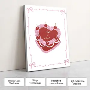 Love Cherry Cake Poster Canvas Wall Decor, Optional Frame, Dessert Shop Decoration, Cute Wall Decor, Simple And Warm Art, Perfect Gift For Food Lovers, Home Decoration Item, Suitable For Living Room, Entrance Hall, Bedroom, Bathroom.