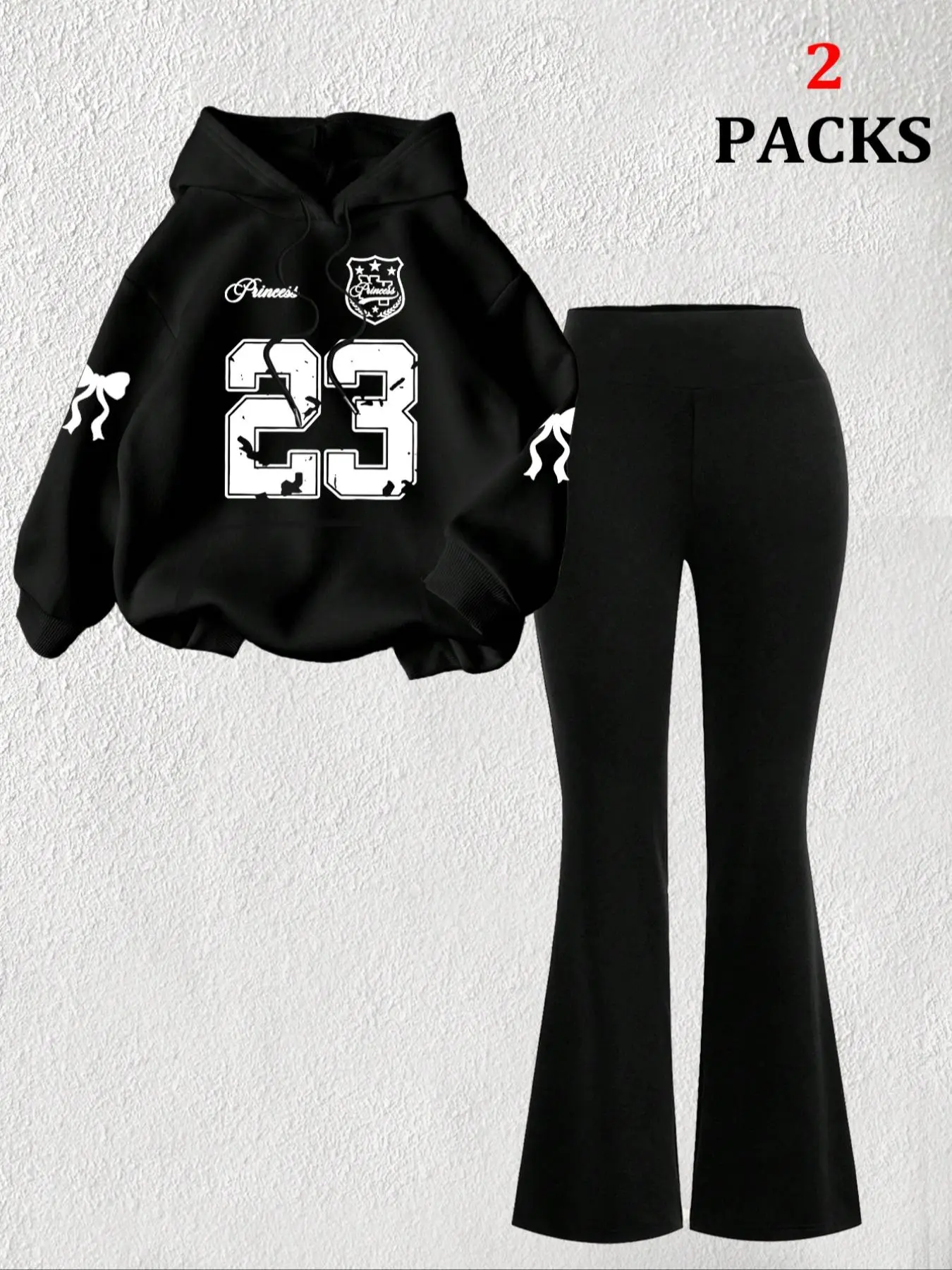 Women's Warm Long Sleeve Hoodie Set, Loose Fit Comfortable Flared Bell Bottom Pants, Casual Letter Bow Print, Kangaroo Pocket Daily Wear, Womenswear