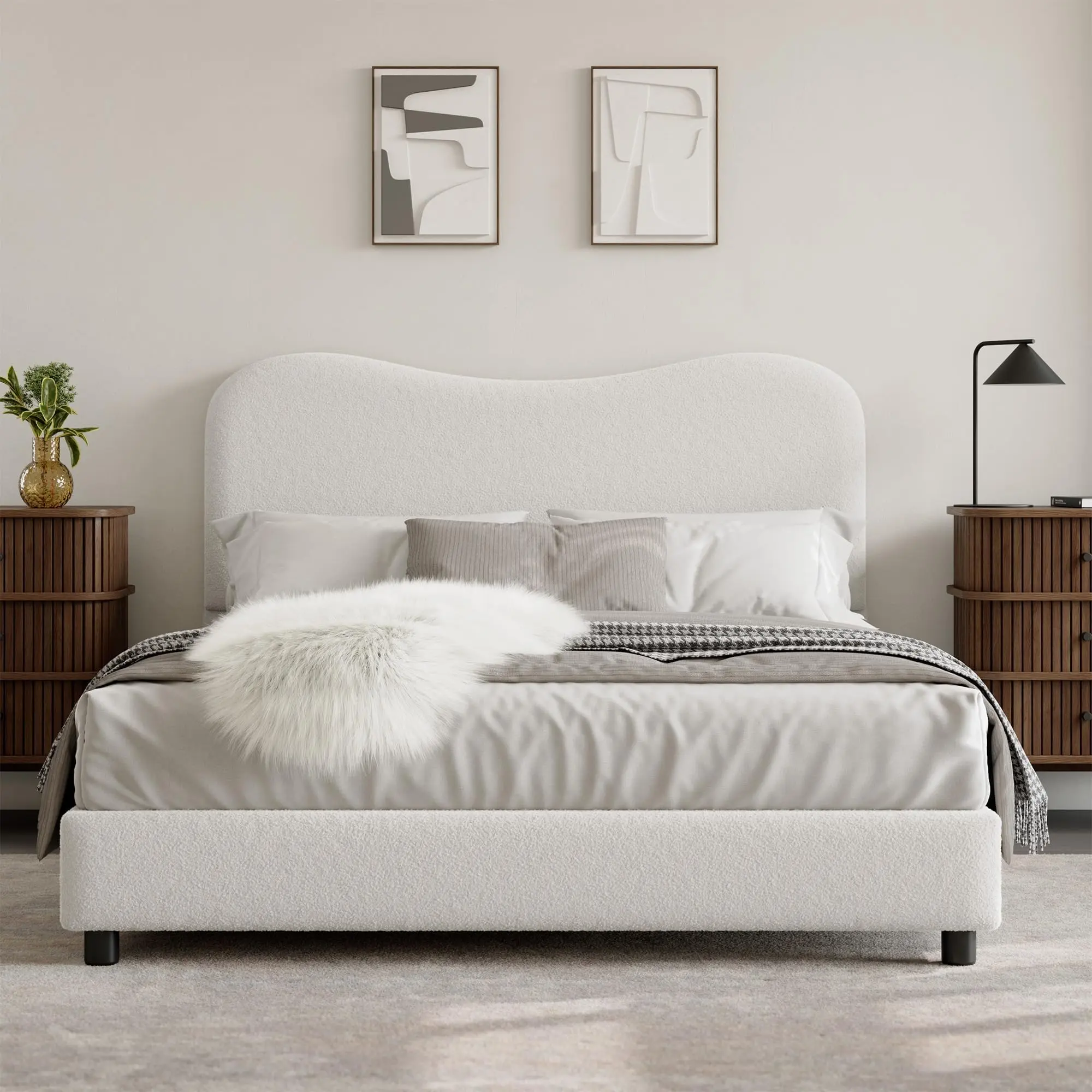 Garvee Full Size Boucle Upholstery Bed Frame with Modern Upholstered Headboard, Velvet Cloud Bed Frame, Low Profile, Curved Edge, Wood Slat Support, Easy Setup & Assembly (White), Cloud Bed Frames