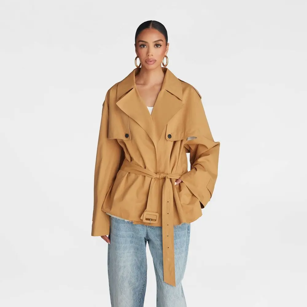 KBB by KAHLANA Women's Soft Polyester Belted Cropped Trench Jacket - Basic Everyday Apparel, Women's Tops & Coats