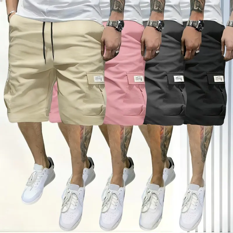 Men's 4-Pack Drape Summer Baggy Cargo Jorts - Loose Straight-Leg Knee-Length, Pink, Multi-Pocket, Trendy Drawstring, Clean Lines, Custom Fabric, Custom Label Embellishment, Casual Utility Workwear Bottoms for Commuting, School