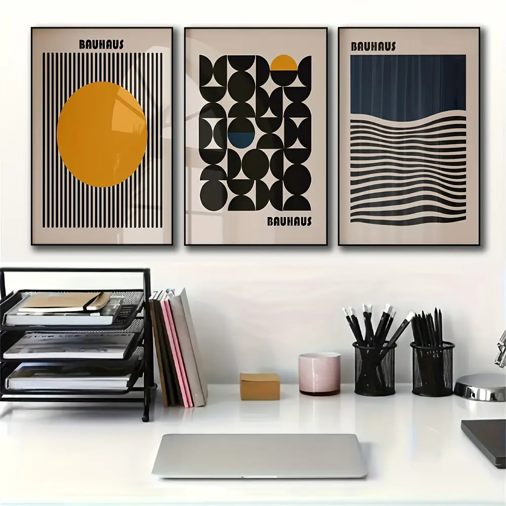 3-Piece Frameless Bauhaus Minimalist Canvas Wall Art Prints - Art Deco Geometric Posters for Home Office, Kitchen, Funny Bathroom Decor - Stylish Interior Pick for Modern Home Enthusiasts wall decor posters