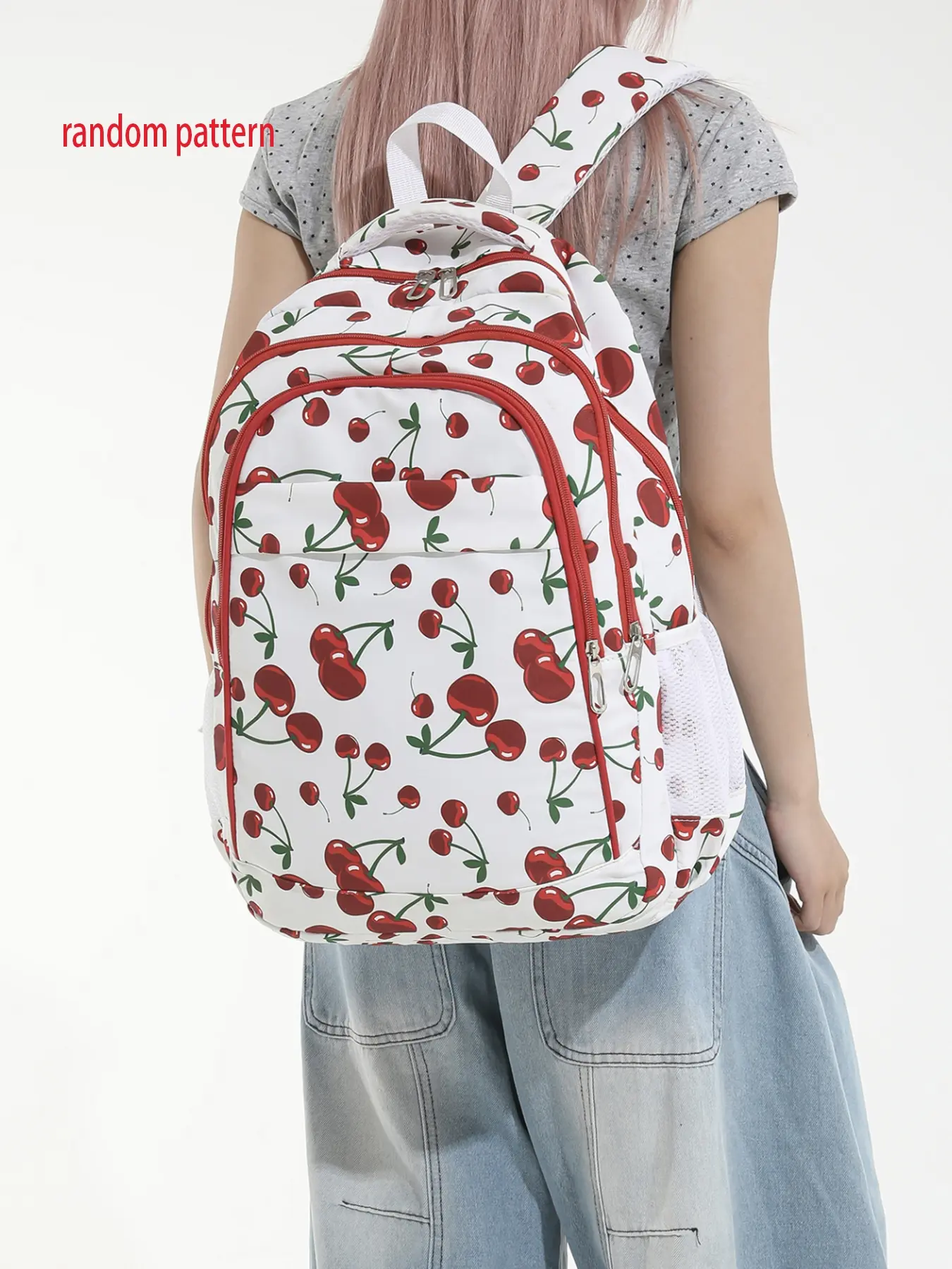 1pc  Women's backpack with large capacity and cherry pattern zipper closure, fashionable and versatile, casual and simple, Casual Printed Backpack, suitable for students to go to school, commute to work, and travel. Women's backpack