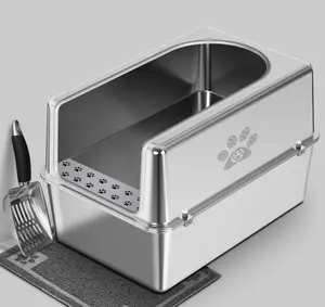 Ptlom Pure metal semi-enclosed stainless steel cat litter box,paw print,with beveled edges,non-stick,leak-proof,odorless,comes with mat and scoop