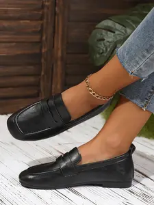 Women's Retro Camellia Loafers, Soft PU Leather Slip-On Shoes, French-English Style, Rubber Sole, Spring & Fall Commuter Footwear