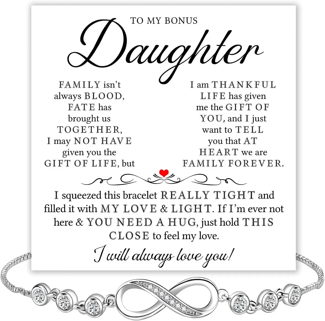Infinity Symbol Bracelet for Stepdaughter – To My Bonus Daughter Jewelry Gift with Heartfelt Message Card, Meaningful Present from Stepmom or Dad, Perfect for Birthday, Christmas, Graduation, or Wedding Keepsake