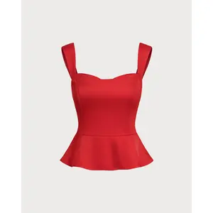 Red Sweetheart Neck Ruffle Tank Top