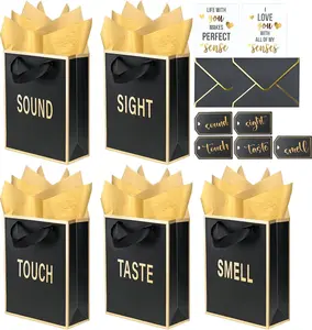 Gold Foil 5 Senses Gift Bags for Him Her with Labels Envelopes and Cards, Sight Smell Touch Taste Sound Gift Bags with Tissue Handle for Birthday, Anniversary, Mother's Day, Valentine's Day(9x7x3.15inch)