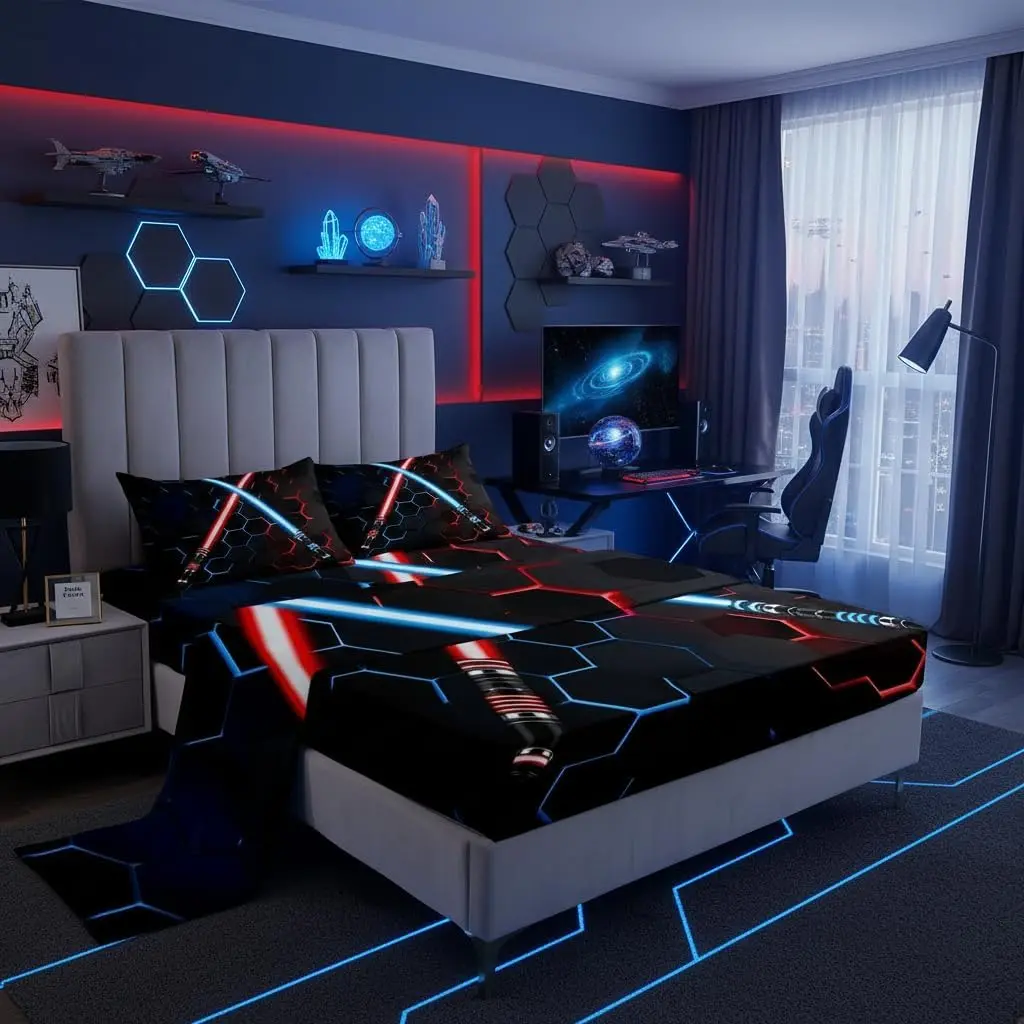 Neon Red Blue Lightsaber Bedding Set,Geometric Honeycomb Bed Sheets,Room Decor Fashion Games Sheet Set Black 3D Hexagon Fitted + Flat Sheet