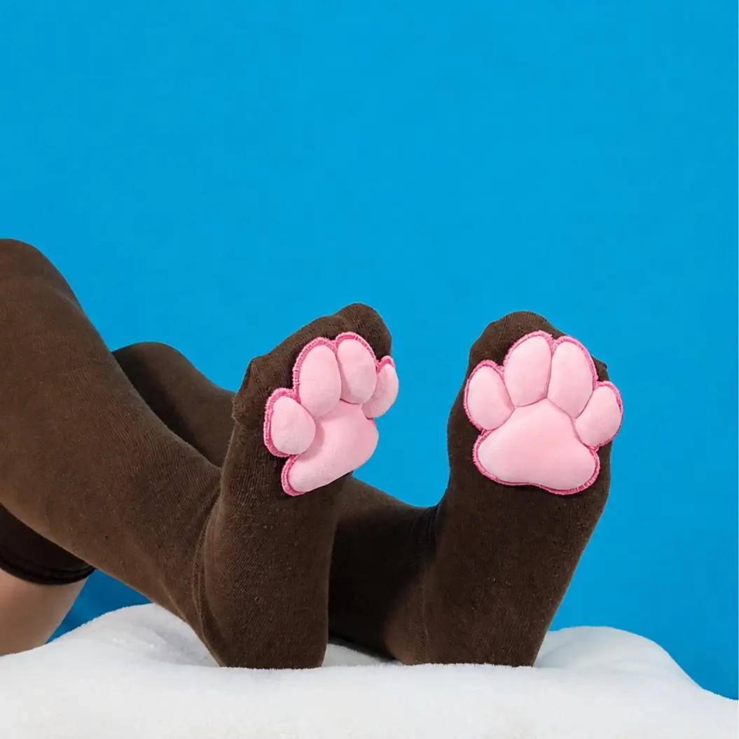 Pink Mochi Stuffed Plush Paw Pad Beans on Brown Thigh High Stockings