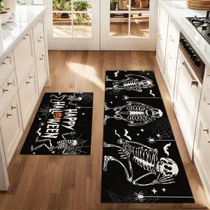 2Pcs Three Melancholic Skeletons On Halloween Floor Mat Set Farmhouse Kitchen Rug Dining Room Flooring Decoration Laundry Room Decor Carpet Mat