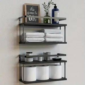 Economical Chic Floating Rack Bathroom Black Wall Shelf Above Toilet Wall Mounted Simple Wooden Hanging Storage for Bedroom Kitchen Living Room Decor