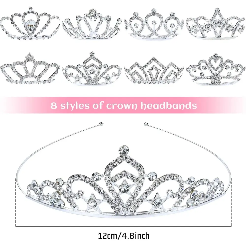 8-Pack Silver Metal Tiara Headbands for Women, Glamorous Princess Crown with Sparkling Rhinestones, Elastic Fit for Daily Wear, Weddings, Proms, Birthdays, Female, Romantic, Crown-Shaped, Circular Band, 12Cm/4.8 Inches, Alloy, Crown-Like Structure