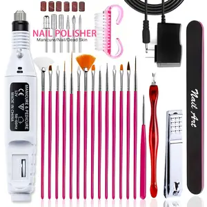 Electric nail drill set with a US plug. Includes 15 nail brushes, 1 cuticle pusher, 1 nail file, and a set of interchangeable drill bits. Electric nail drill set with a metal bit head, specially designed for gel manicures, available in multiple colors.