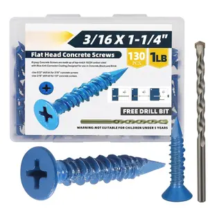 130 count 3/16 x 1-1/4 in Concrete Screws with Drill bits,Masonry Screws for Concrete Assortment Kit,Flat  Block Cement Stacoo Screws and Anchors, Point,Blue Coated(1LB)Quesear