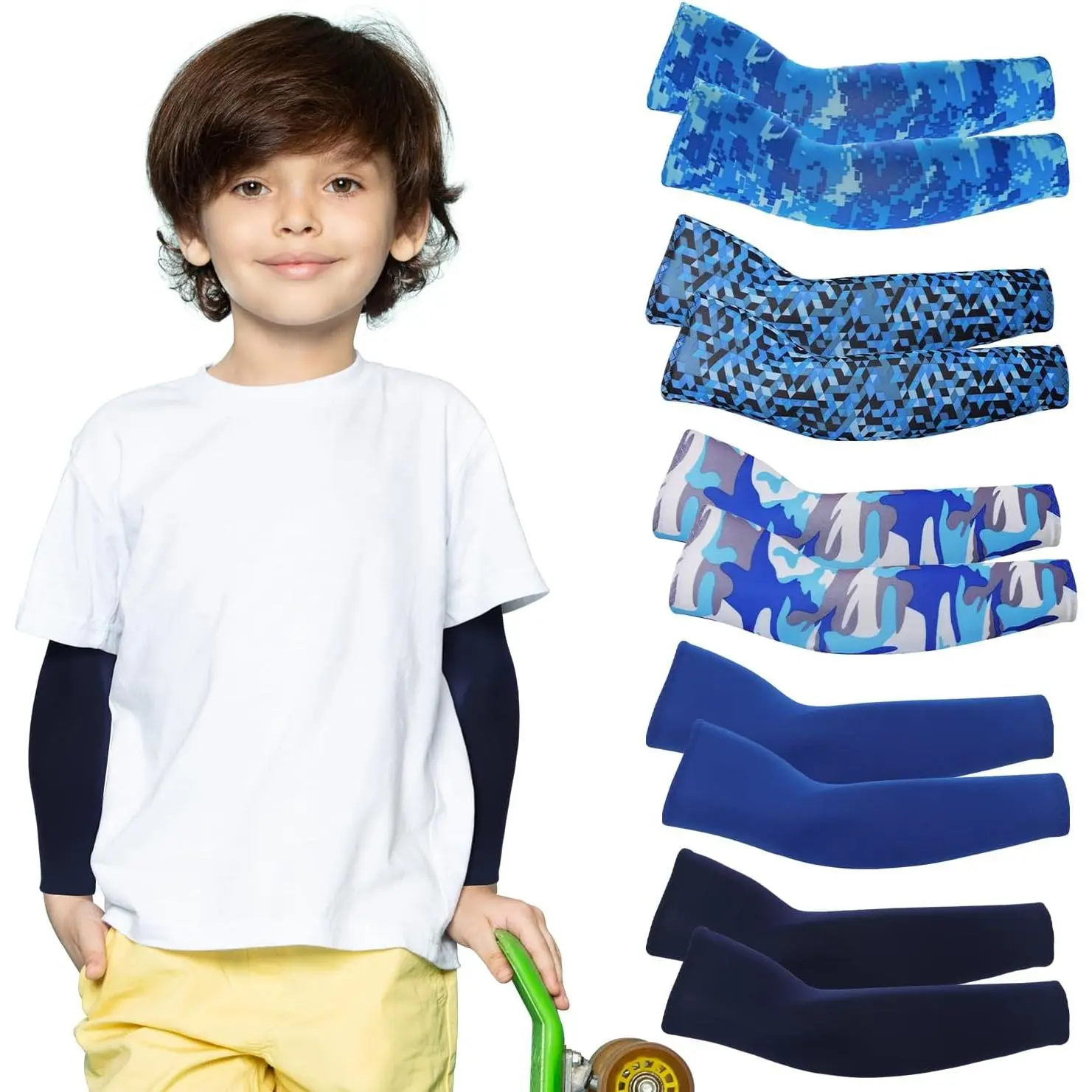 5 Pairs Youth Synthetic Arm Sleeves, Cooling Compression Fit with UV Shielding for Baseball & Outdoor Play