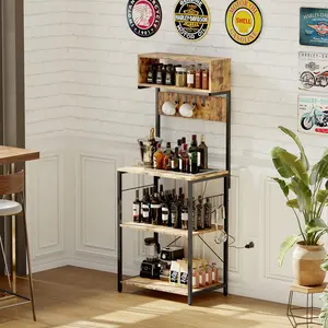 Kitchen Baker Rack, 4-Tier Kitchen Storage Shelf Rack with 10 Hooks, Industrial Microwave Stand with Power Outlet, Standing Coffee Bar Table for Spices, Pots and Pans, Brown, Four Tiers