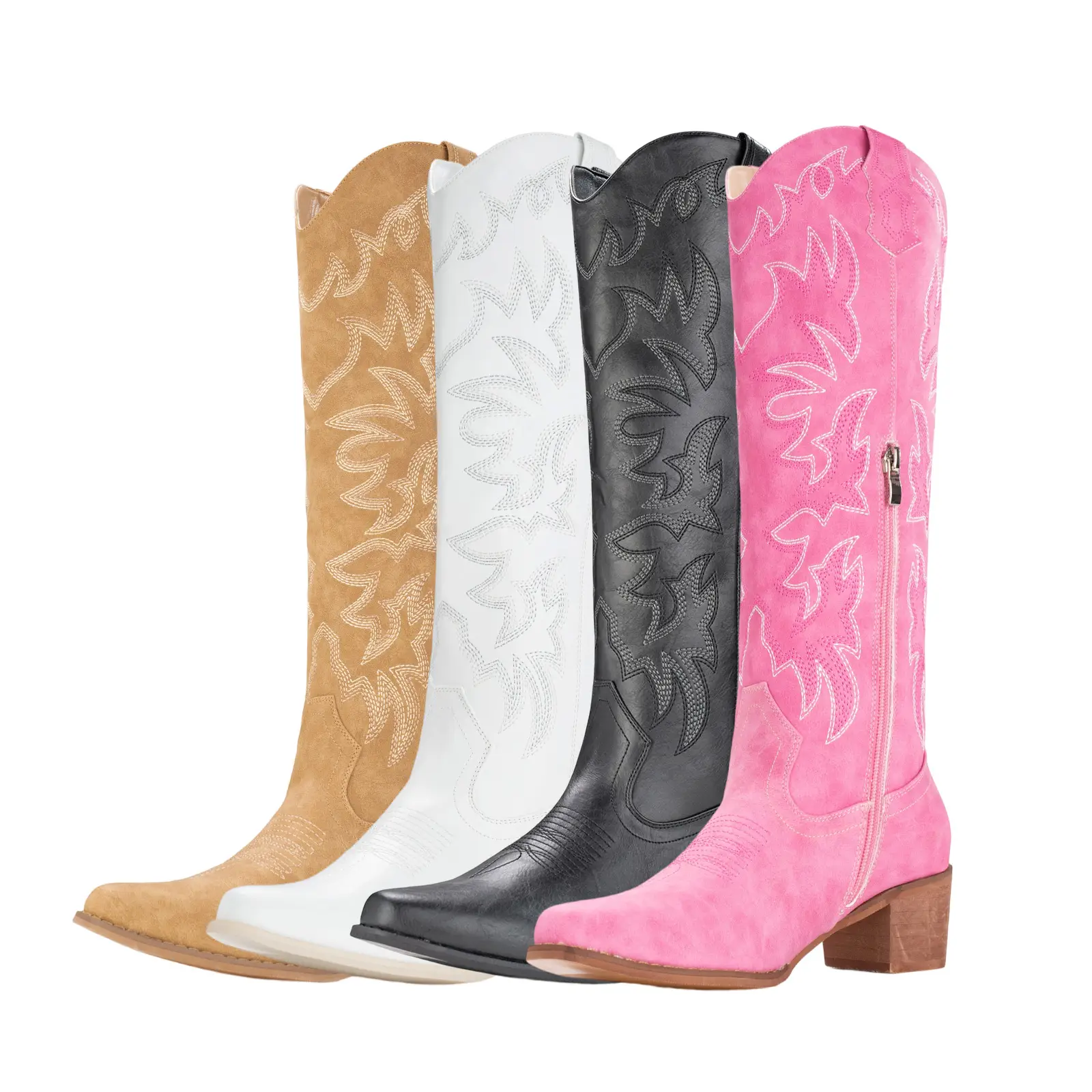 IUV Cowboy Boots For Women Knee High Boots Pointy Toe Women's Western Boots Side Zipper Chunky Heel Cowgirl Boots