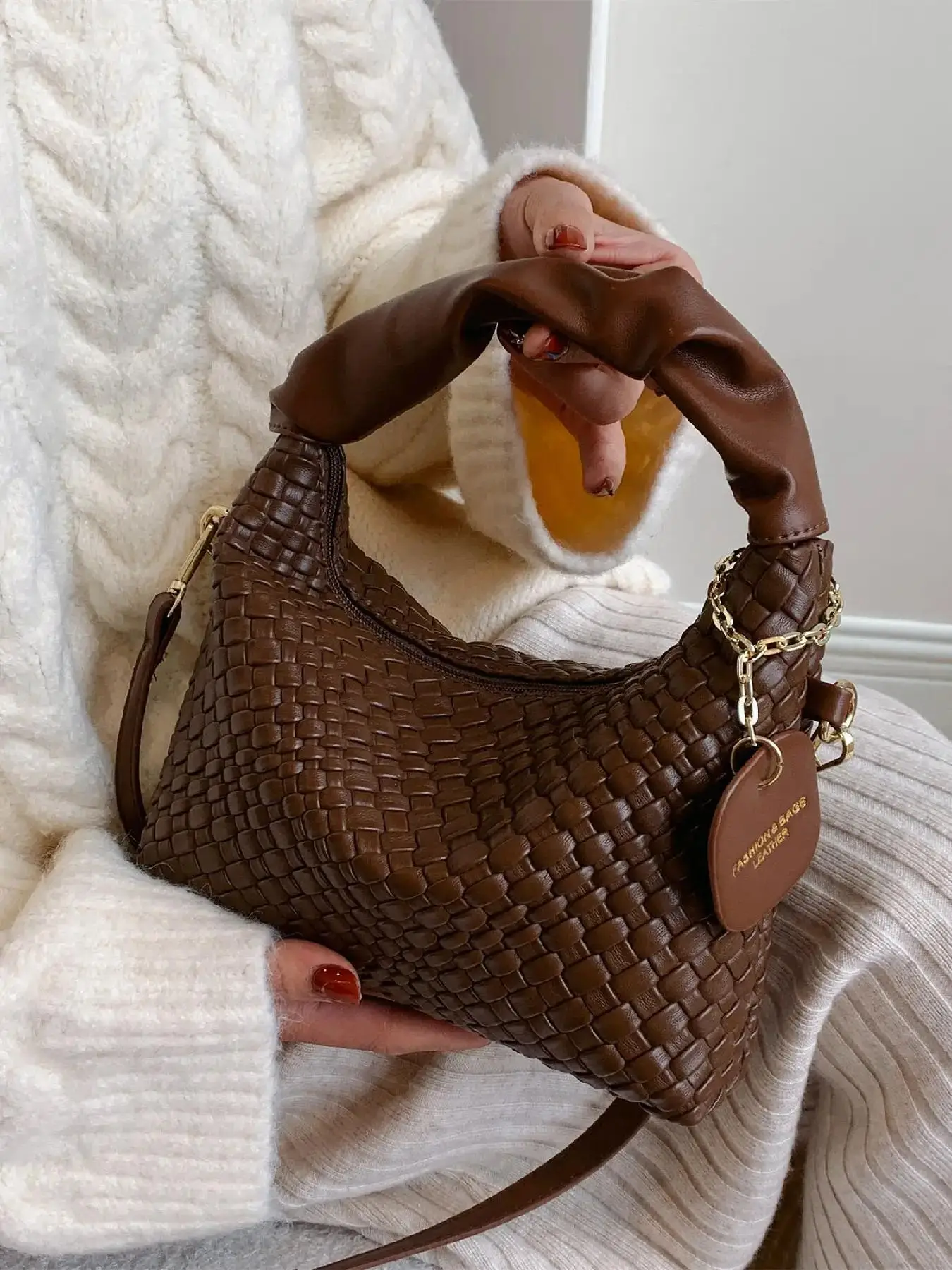 Women's Simple Fashionable Plain Braid Handbag, Casual Versatile Zipper Handbag, Trendy All-match Shoulder Bag for Daily Use