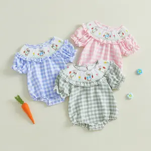Kids Infant Newborn Baby Boy Girl Easter Romper Bunny Carrot Shirred Plaid Round Neck Short Sleeve Jumpsuit Cute Spring Clothes