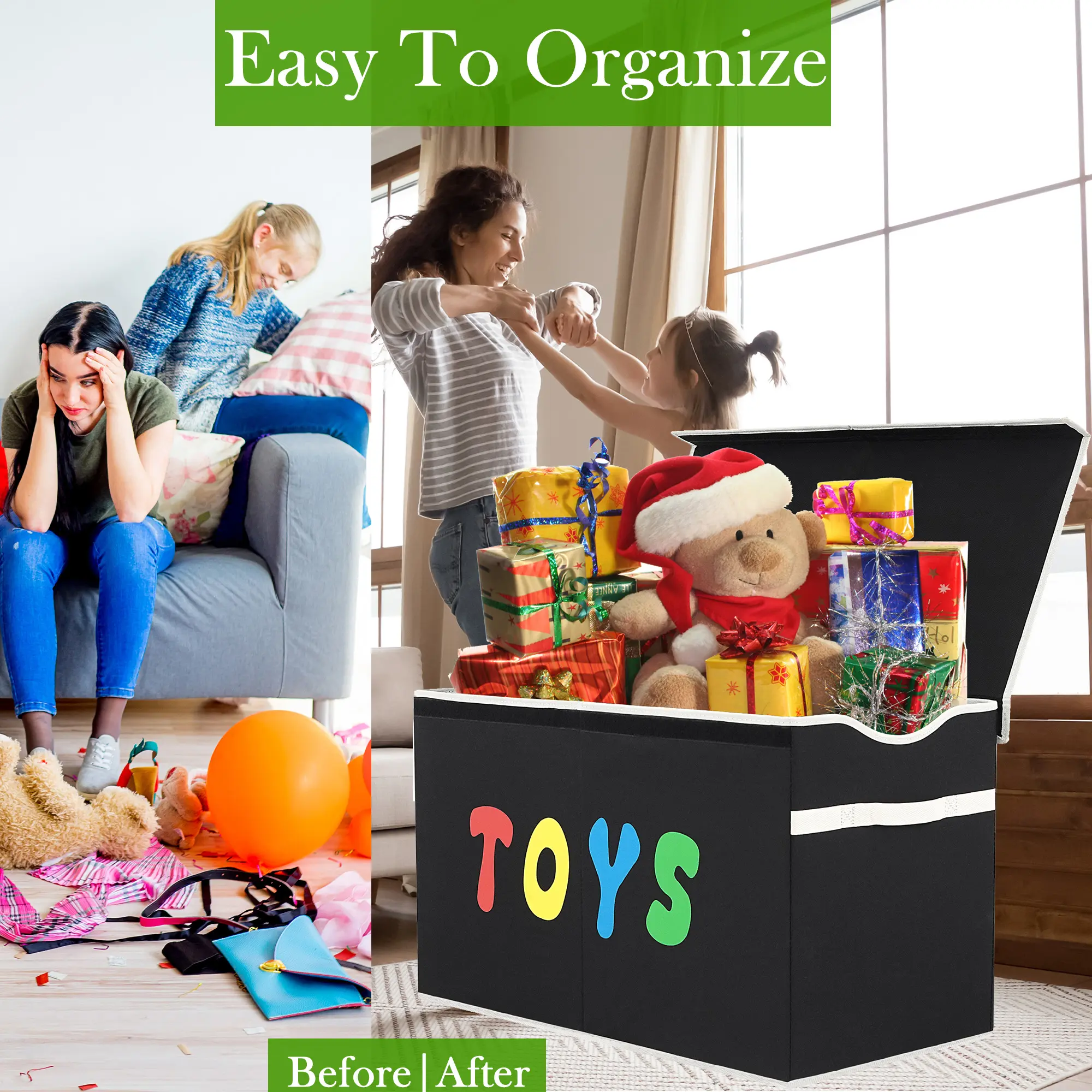 VICTORICH Extra Large Collapsible Toy Box Chest (26.8x13.8x16 in) - Dual-Handled Organizer, Durability, Functional, All-Purpose Storage Bin with Lid for Kids Nursery Playroom Closet Plastic Linen, Organizer Storage Boxes, Durability Storage Boxes
