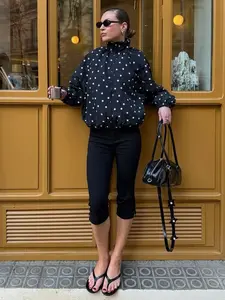 Women's Spring Summer Fashion Polka Dot Print Jacket, High Neck Long Sleeve Zipper Front Loose Outerwear, Casual Retro Style for Daily Wear