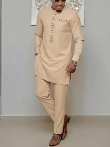 Muslim Men's 2-Piece Set African Boubou Long Sleeve Embroidered Ethnic Suit Elegant Formal Wear, Fitted H-Type Blouse