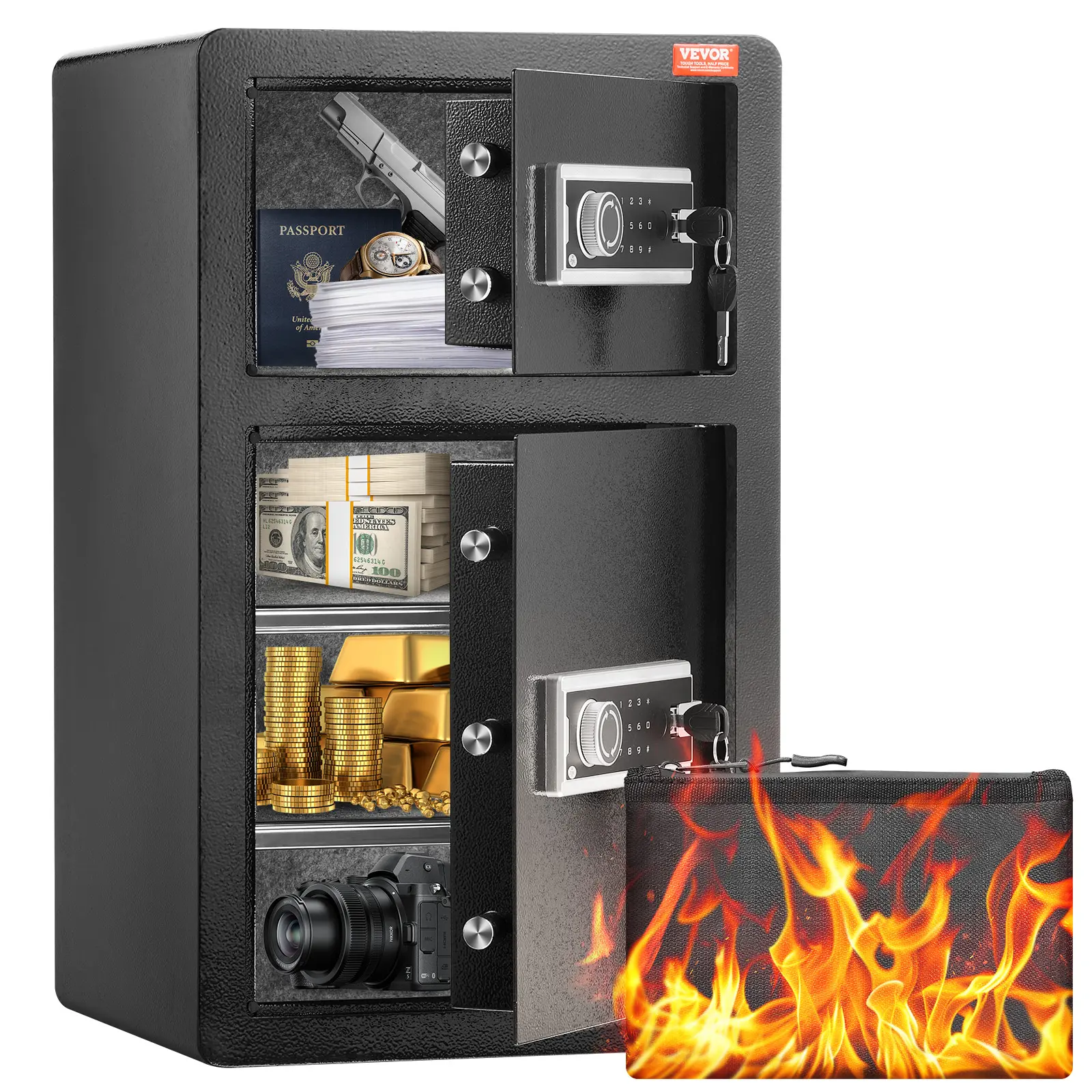【Summerfinds】VEVOR 4.5 cu.ft Double-Door Electronic Safe - High Security, 3 Unlocking Methods, Anti-Theft Digital Lock, Safe Key Lock, Fireproof Bag, Key Rack, LED Light, 2 Height-Adjustable Removable Dividers for Money, Documents, Jewelry (Black), Hi
