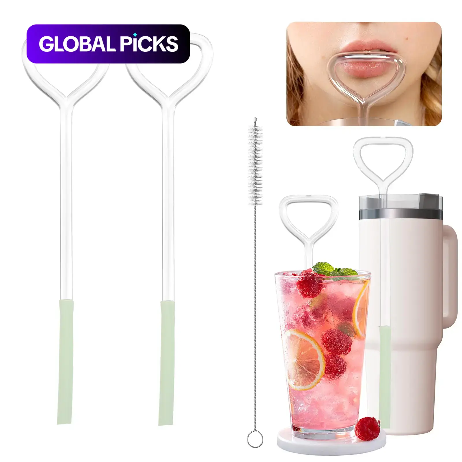 Anti-Wrinkle Glass Drinking Straws Set, 3-Piece Set Including 2 Reusable Heart-Shaped Glass Straws and 1 Cleaning Brush, Drinkware Accessories for Home, Kitchen and Bar #GLOBAL PICKS