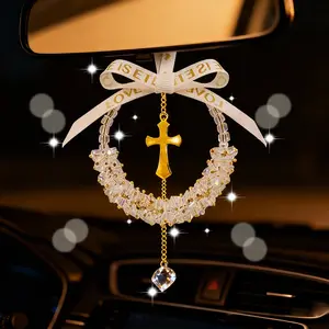 Car Hanging Ornament for Women – Sparkling Crystal Rhinestone Cross Mirror Decor