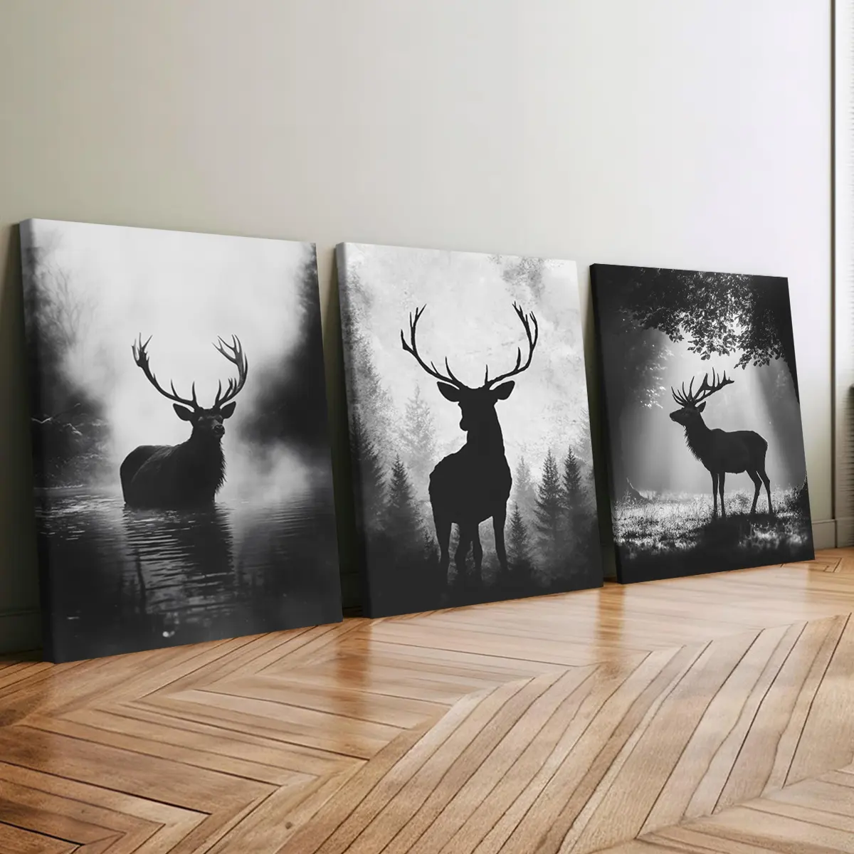 3Pcs Wooden Framed Canvas Print Set - Artistic Deep Forest Elk Shadow Artwork, Odorless Indoor Decoration, Living Room Wall Decor for Bedroom Office