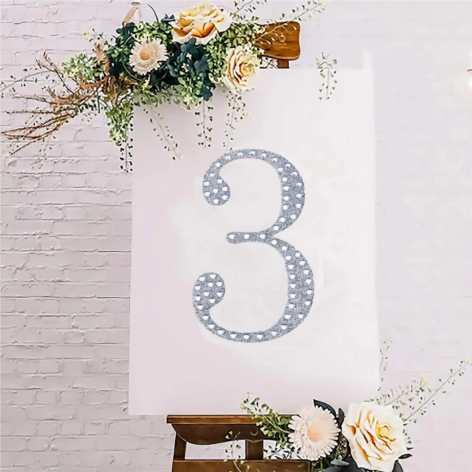 8 in Silver Glitter Rhinestone Numerical "3" Art Stickers - Adhesive Decals, Sparkly DIY Craft Embellishments for Party, Wedding Decor (Aesthetic Scrapbooking Supplies)